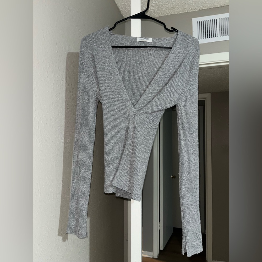 Gray Ribbed Knit Wrap Top